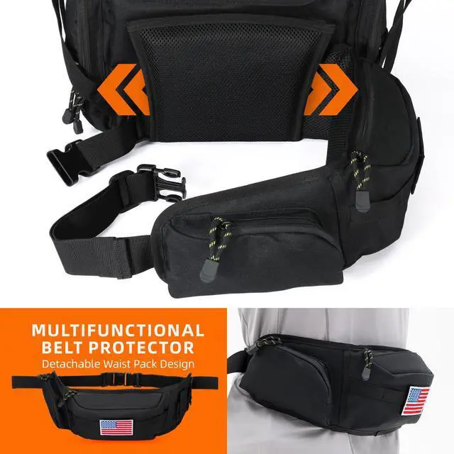 Alt view image 6 of 7 - Fishing Tackle Backpack with 4 3600 Tackle Boxes Rod Holder Outdoor 43L Large Bag with Detachable Wasit Bag Storage Fishing Gear and Equipment Waterproof