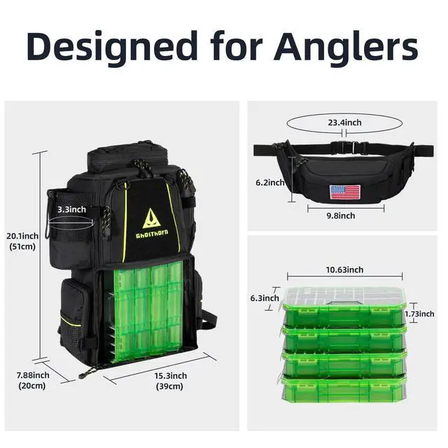 Alt view image 7 of 7 - Fishing Tackle Backpack with 4 3600 Tackle Boxes Rod Holder Outdoor 43L Large Bag with Detachable Wasit Bag Storage Fishing Gear and Equipment Waterproof