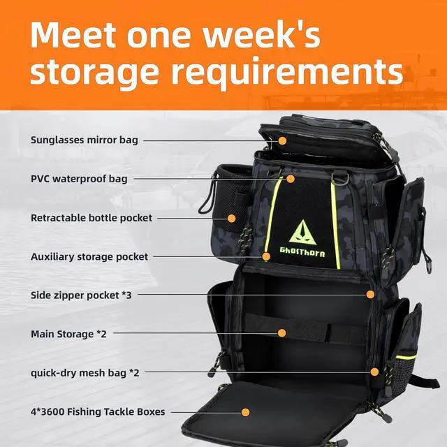 Alt view image 3 of 7 - Fishing Tackle Backpack with 4 3600 Tackle Boxes Rod Holder Outdoor 43L Large Bag with Detachable Wasit Bag Storage Gear and Equipment Waterproof
