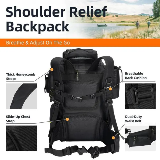 Alt view image 5 of 7 - Fishing Tackle Backpack with 4 3600 Tackle Boxes Rod Holder Outdoor 43L Large Bag with Detachable Wasit Bag Storage Fishing Gear and Equipment Waterproof