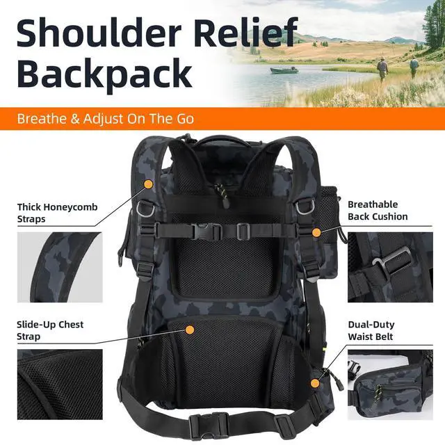Alt view image 5 of 7 - Fishing Tackle Backpack with 4 3600 Tackle Boxes Rod Holder Outdoor 43L Large Bag with Detachable Wasit Bag Storage Gear and Equipment Waterproof
