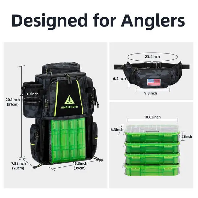 Alt view image 7 of 7 - Fishing Tackle Backpack with 4 3600 Tackle Boxes Rod Holder Outdoor 43L Large Bag with Detachable Wasit Bag Storage Gear and Equipment Waterproof