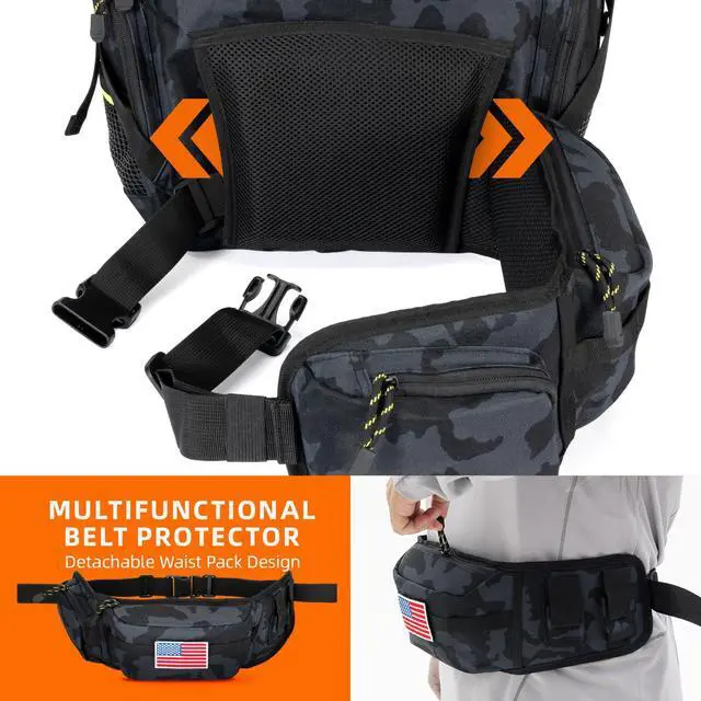 Alt view image 6 of 7 - Fishing Tackle Backpack with 4 3600 Tackle Boxes Rod Holder Outdoor 43L Large Bag with Detachable Wasit Bag Storage Gear and Equipment Waterproof