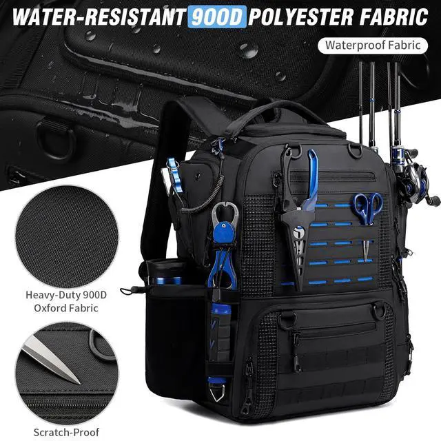 Alt view image 4 of 6 - Fishing Tackle Backpack with Tackle Boxes, Two Rod Holders, Bottle Holder, 50L Waterproof Tackle Bag for Fishing Gear, Fish Gifts for Men, Black (4 Tackle Boxes Included