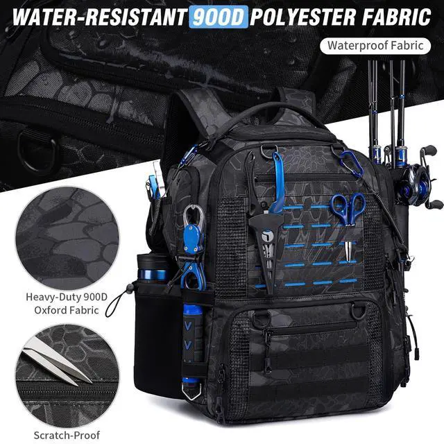 Alt view image 4 of 6 - Fishing Tackle Backpack with Tackle Boxes, Two Rod Holders, Bottle Holder, 50L Waterproof Tackle Bag for Fishing Gear, Fish Gifts for Men, Black Camo (4 Tackle Boxes Included
