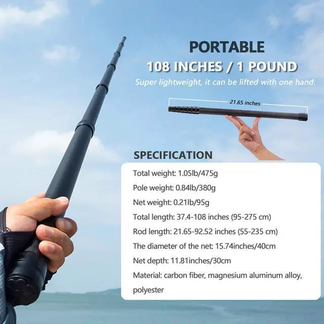 Alt view image 2 of 7 - 9ft/11.15ft Extra Long Fishing Net with Telescoping Handle, Carbon Fiber Extendable Landing Net, Dip Net for Fishing, Crab nets for Crabbing, Rubber Coated Netting, Holds up to 20lbs