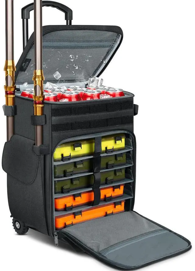Main image of Rolling Tackle Box with Cooler, Large Fishing Backpack with Wheels | Rod Holders, Removable Shelves, Saltwater Resistant, Tackle Bag, for 5 Trays(Trays Not Included), Storage Gear Pole Lures
