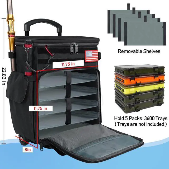 Alt view image 3 of 7 - Rolling Tackle Box with Cooler, Large Fishing Backpack with Wheels | Rod Holders, Removable Shelves, Saltwater Resistant, Tackle Bag, for 5 Trays(Trays Not Included), Storage Gear Pole Lures