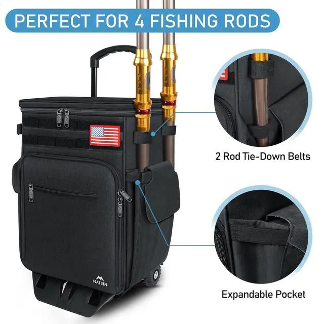 Alt view image 4 of 7 - Rolling Tackle Box with Cooler, Large Fishing Backpack with Wheels | Rod Holders, Removable Shelves, Saltwater Resistant, Tackle Bag, for 5 Trays(Trays Not Included), Storage Gear Pole Lures
