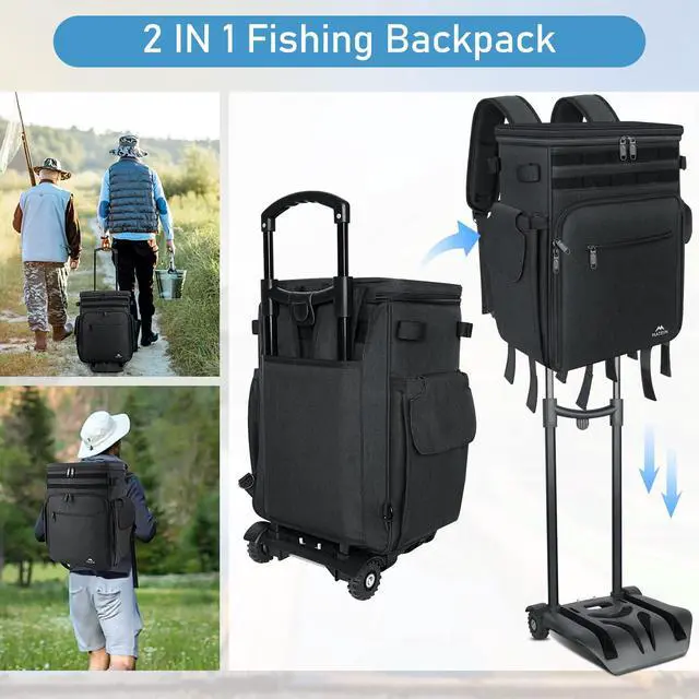 Alt view image 5 of 7 - Rolling Tackle Box with Cooler, Large Fishing Backpack with Wheels | Rod Holders, Removable Shelves, Saltwater Resistant, Tackle Bag, for 5 Trays(Trays Not Included), Storage Gear Pole Lures
