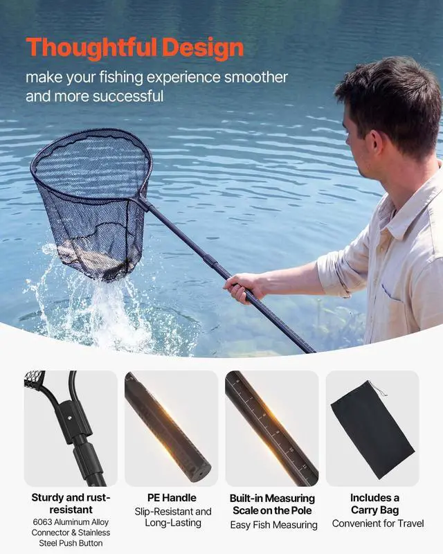 Alt view image 4 of 7 - Fishing Net, Landing Nets with Telescopic Handle Lightweight and Stronger Fish Gear, Durable and Fish-Friendly, for Kayak, Boat, Bank, Pond
