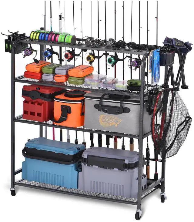 Main image of Heavy Duty Fishing Rod Rack, Fishing Organizer for Garage, Fishing Gear Holder for Garage with Movable Wheels