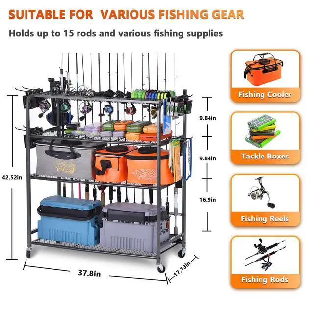 Alt view image 2 of 7 - Heavy Duty Fishing Rod Rack, Fishing Organizer for Garage, Fishing Gear Holder for Garage with Movable Wheels