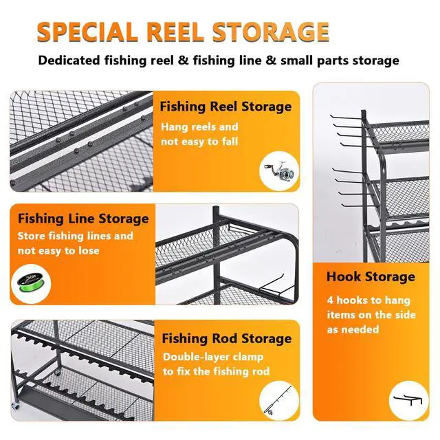 Alt view image 3 of 7 - Heavy Duty Fishing Rod Rack, Fishing Organizer for Garage, Fishing Gear Holder for Garage with Movable Wheels