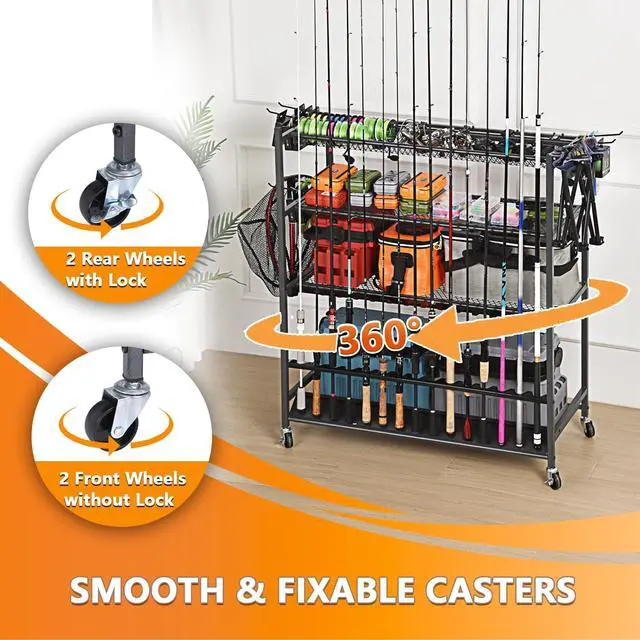 Alt view image 5 of 7 - Heavy Duty Fishing Rod Rack, Fishing Organizer for Garage, Fishing Gear Holder for Garage with Movable Wheels