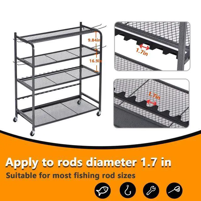 Alt view image 6 of 7 - Heavy Duty Fishing Rod Rack, Fishing Organizer for Garage, Fishing Gear Holder for Garage with Movable Wheels