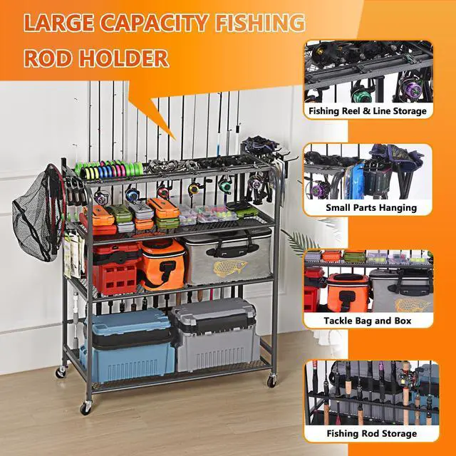 Alt view image 7 of 7 - Heavy Duty Fishing Rod Rack, Fishing Organizer for Garage, Fishing Gear Holder for Garage with Movable Wheels