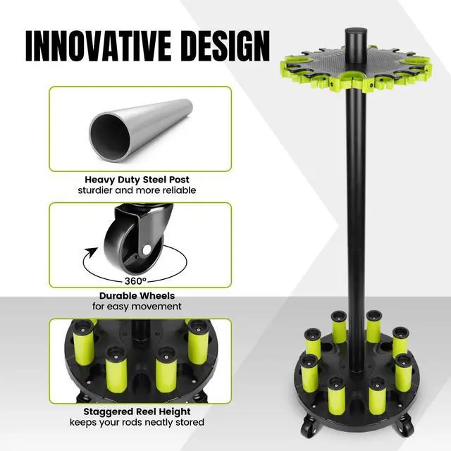 Alt view image 3 of 6 - Fishing Rod Holder for Garage, Fishing Pole Holders Rod Rack, Holds up to 20 Rods with Rolling Wheels, Fishing Gear Equipment Storage Organizer
