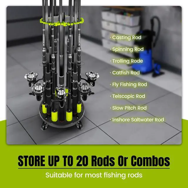 Alt view image 6 of 6 - Fishing Rod Holder for Garage, Fishing Pole Holders Rod Rack, Holds up to 20 Rods with Rolling Wheels, Fishing Gear Equipment Storage Organizer