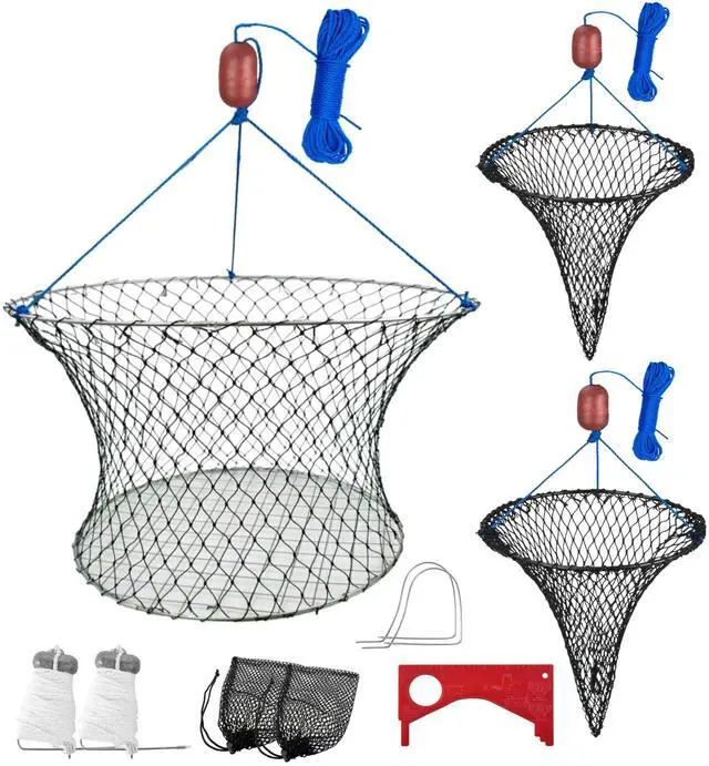 Main image of Double Ring Crab Trap - Steel Ring Crab Net, 24" Top, 20" Bottom, 50' Rope, Clip, Gauge for Dungeness, Rock and Blue Crab