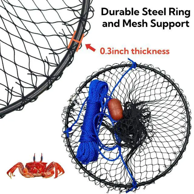 Alt view image 3 of 7 - Double Ring Crab Trap - Steel Ring Crab Net, 24" Top, 20" Bottom, 50' Rope, Clip, Gauge for Dungeness, Rock and Blue Crab