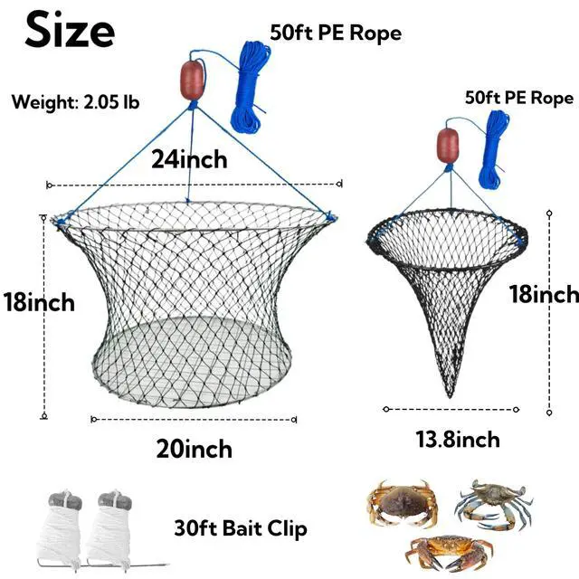 Alt view image 2 of 7 - Double Ring Crab Trap - Steel Ring Crab Net, 24" Top, 20" Bottom, 50' Rope, Clip, Gauge for Dungeness, Rock and Blue Crab