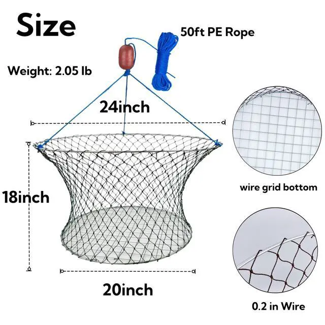 Alt view image 2 of 6 - Double Ring Crab Trap - Steel Ring Crab Net, 24" Top, 20" Bottom, 50' Rope, Clip, Gauge for Dungeness, Rock and Blue Crab