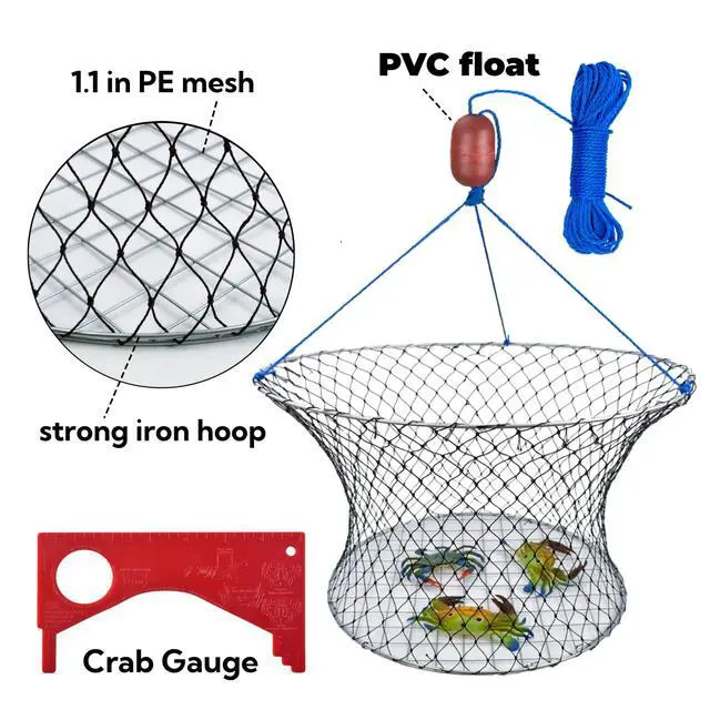 Alt view image 3 of 6 - Double Ring Crab Trap - Steel Ring Crab Net, 24" Top, 20" Bottom, 50' Rope, Clip, Gauge for Dungeness, Rock and Blue Crab