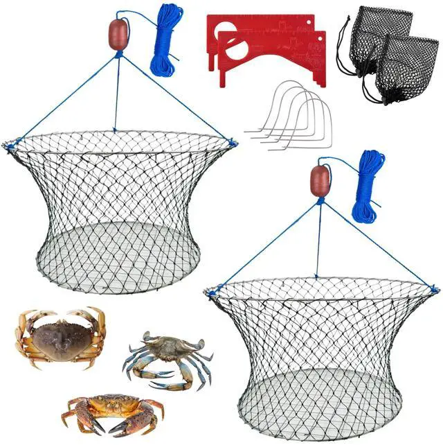 Main image of Double Ring Crab Trap - Steel Ring Crab Net, 24" Top, 20" Bottom, 50' Rope, Clip, Gauge for Dungeness, Rock and Blue Crab