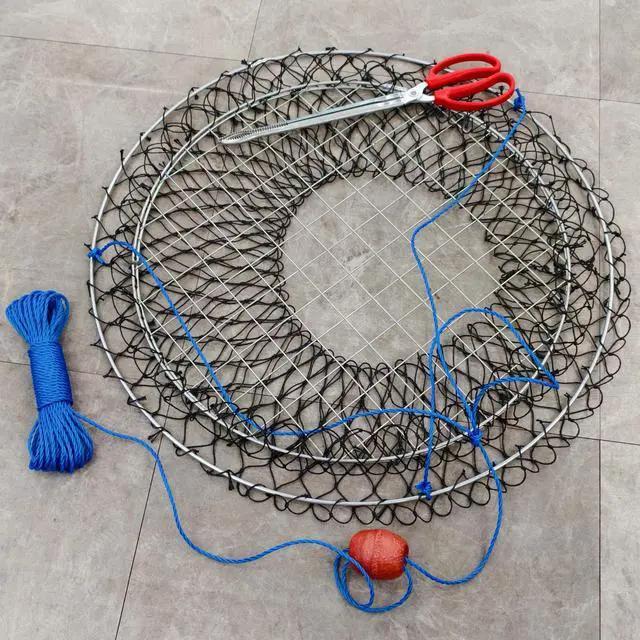 Alt view image 4 of 6 - Double Ring Crab Trap - Steel Ring Crab Net, 24" Top, 20" Bottom, 50' Rope, Clip, Gauge for Dungeness, Rock and Blue Crab