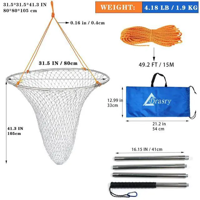 Alt view image 2 of 7 - Large Collapsible Bridge Pier Fishing Net Landing Net with Rod, High Load Aluminum Ring Drop Net for Saltwater and Freshwater Pier Fishing Basket with 49.2 ft. Rope