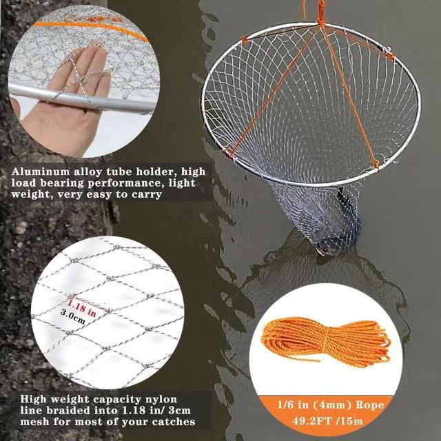 Alt view image 4 of 7 - Large Collapsible Bridge Pier Fishing Net Landing Net with Rod, High Load Aluminum Ring Drop Net for Saltwater and Freshwater Pier Fishing Basket with 49.2 ft. Rope