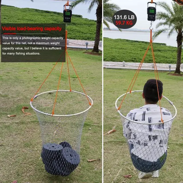 Alt view image 5 of 7 - Large Collapsible Bridge Pier Fishing Net Landing Net with Rod, High Load Aluminum Ring Drop Net for Saltwater and Freshwater Pier Fishing Basket with 49.2 ft. Rope