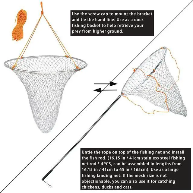 Alt view image 3 of 7 - Large Collapsible Bridge Pier Fishing Net Landing Net with Rod, High Load Aluminum Ring Drop Net for Saltwater and Freshwater Pier Fishing Basket with 49.2 ft. Rope