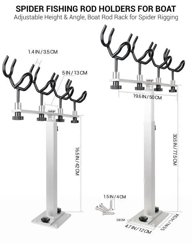 Alt view image 2 of 7 - Aluminum Spider Rigging Rod Holder for Boat - 4 Pole Crappie Fishing Rack, Heavy Duty 6063-T5 Marine Grade Aluminum, 16.5"-30.5" Adjustable Height Square Tube Support for Catfish & Trolling