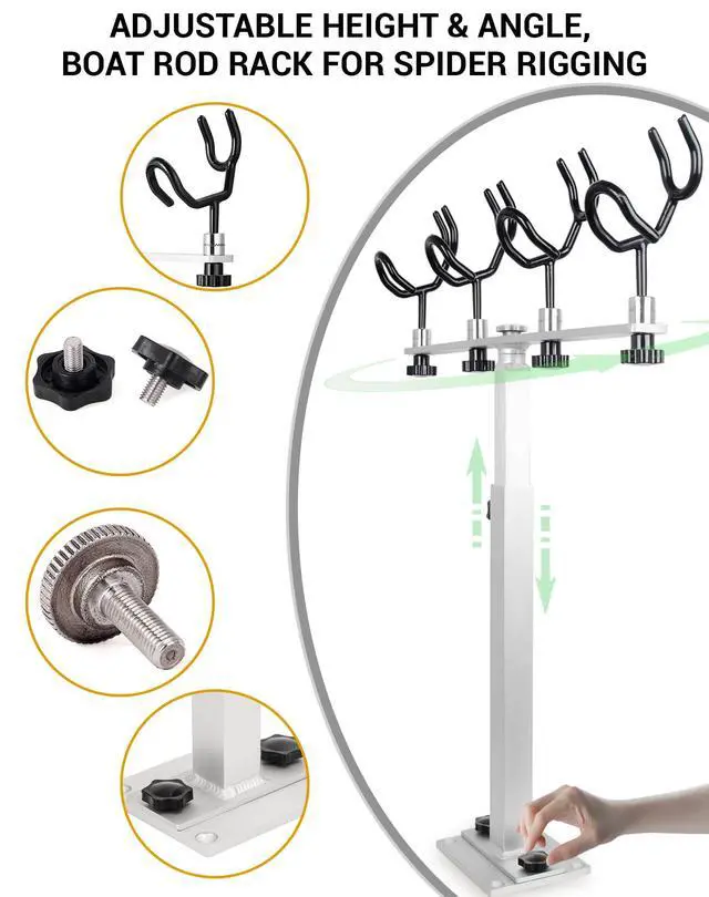 Alt view image 3 of 7 - Aluminum Spider Rigging Rod Holder for Boat - 4 Pole Crappie Fishing Rack, Heavy Duty 6063-T5 Marine Grade Aluminum, 16.5"-30.5" Adjustable Height Square Tube Support for Catfish & Trolling