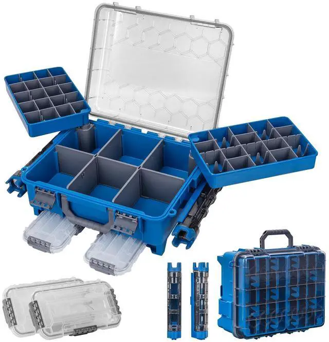 Main image of Waterproof Double Side Tackle Box, Portable Storage Box with 2 Pack 3500 Stowaway Boxes & Rod Holders, Fishing Lure Organizer YellowPink/Green/Blue/Grey (L-Blue)