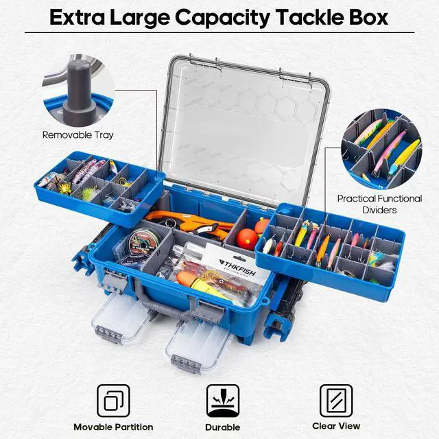 Alt view image 3 of 7 - Waterproof Double Side Tackle Box, Portable Storage Box with 2 Pack 3500 Stowaway Boxes & Rod Holders, Fishing Lure Organizer YellowPink/Green/Blue/Grey (L-Blue)