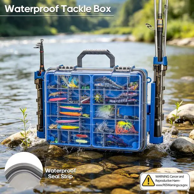 Alt view image 4 of 7 - Waterproof Double Side Tackle Box, Portable Storage Box with 2 Pack 3500 Stowaway Boxes & Rod Holders, Fishing Lure Organizer YellowPink/Green/Blue/Grey (L-Blue)