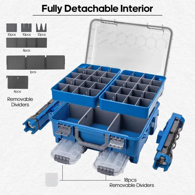 Alt view image 5 of 7 - Waterproof Double Side Tackle Box, Portable Storage Box with 2 Pack 3500 Stowaway Boxes & Rod Holders, Fishing Lure Organizer YellowPink/Green/Blue/Grey (L-Blue)