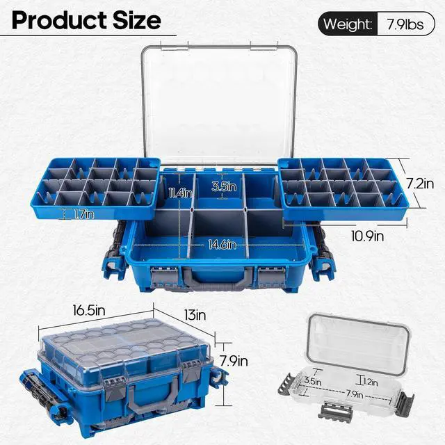 Alt view image 7 of 7 - Waterproof Double Side Tackle Box, Portable Storage Box with 2 Pack 3500 Stowaway Boxes & Rod Holders, Fishing Lure Organizer YellowPink/Green/Blue/Grey (L-Blue)