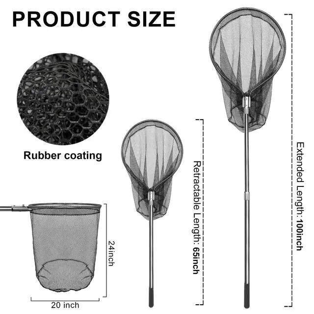 Alt view image 6 of 6 - Heavy Duty Extra Large Rubber Fishing Net - Aluminum Telescoping Handle (67-100in), 20in Net Opening for Saltwater Fishing