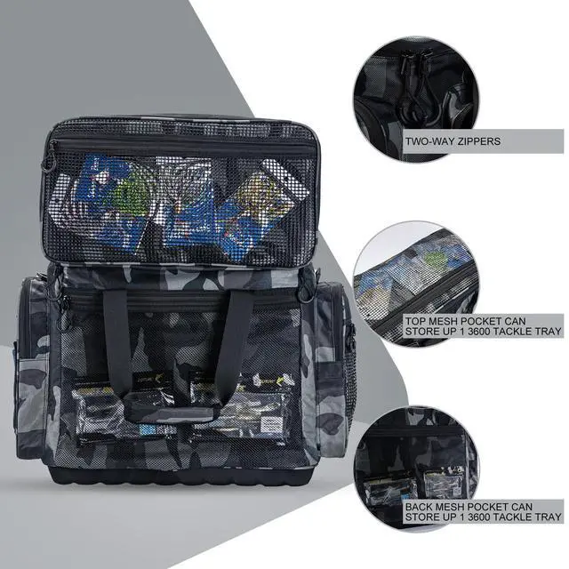 Alt view image 4 of 7 - Large Tackle Bag,Store Up to 8PCS 3700 Plus 4PCS 3600 Tackle Trays(Not Included),Water Resistant Saltwater Gear Storage Big Fishing Bag with EVA Bottom,Gifts for Men(21.65"x11.8"x15.16")-Camo