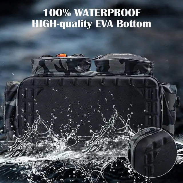 Alt view image 5 of 7 - Large Tackle Bag,Store Up to 8PCS 3700 Plus 4PCS 3600 Tackle Trays(Not Included),Water Resistant Saltwater Gear Storage Big Fishing Bag with EVA Bottom,Gifts for Men(21.65"x11.8"x15.16")-Camo