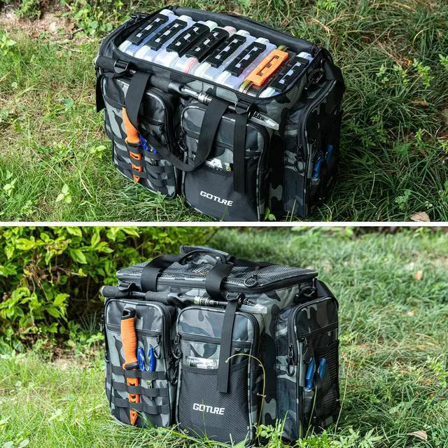 Alt view image 7 of 7 - Large Tackle Bag,Store Up to 8PCS 3700 Plus 4PCS 3600 Tackle Trays(Not Included),Water Resistant Saltwater Gear Storage Big Fishing Bag with EVA Bottom,Gifts for Men(21.65"x11.8"x15.16")-Camo