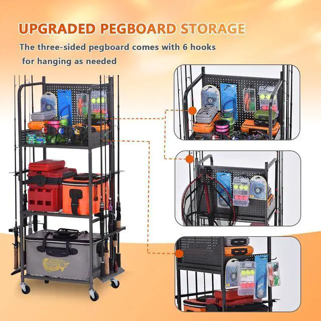 Alt view image 2 of 7 - Heavy Duty Fishing Rod Rack, Fishing Organizer for Garage, Fishing Gear Holder for Garage with Movable Wheels