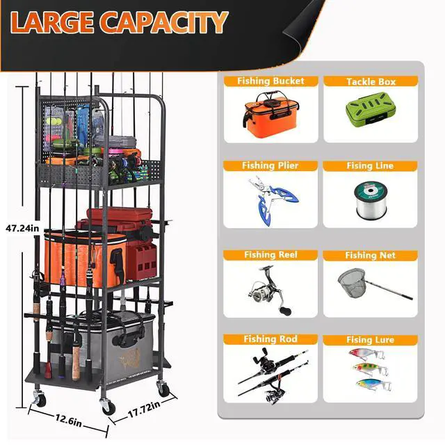 Alt view image 3 of 7 - Heavy Duty Fishing Rod Rack, Fishing Organizer for Garage, Fishing Gear Holder for Garage with Movable Wheels