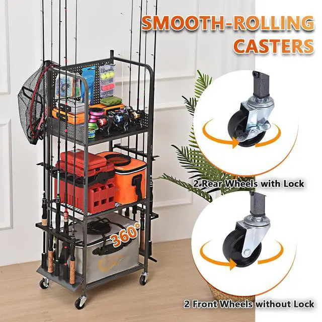 Alt view image 5 of 7 - Heavy Duty Fishing Rod Rack, Fishing Organizer for Garage, Fishing Gear Holder for Garage with Movable Wheels