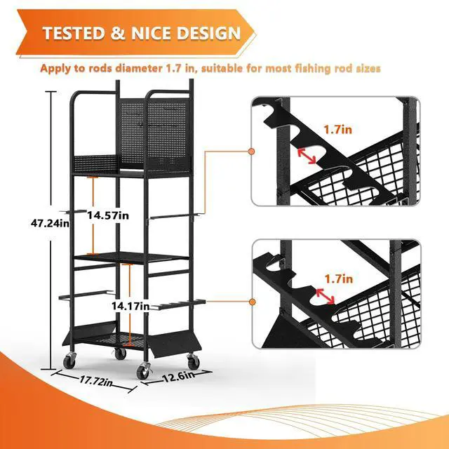Alt view image 6 of 7 - Heavy Duty Fishing Rod Rack, Fishing Organizer for Garage, Fishing Gear Holder for Garage with Movable Wheels