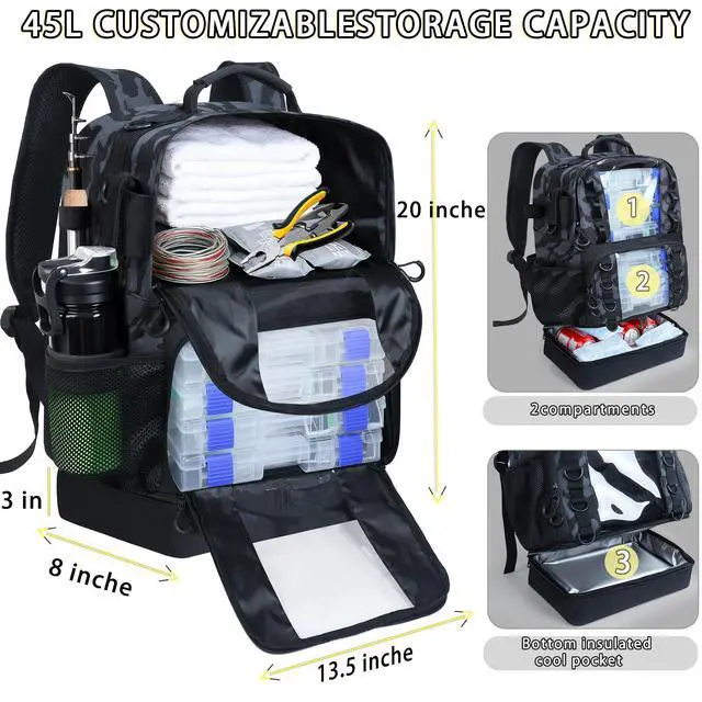 Alt view image 4 of 7 - Fishing Backpack with Tackle Boxes,45L Large Tackle Bag with Cooler & Fishing Gear Kit,Waterproof Tackle Backpack for Gift with Fishing Lures, Fishing Pliers,Camouflage